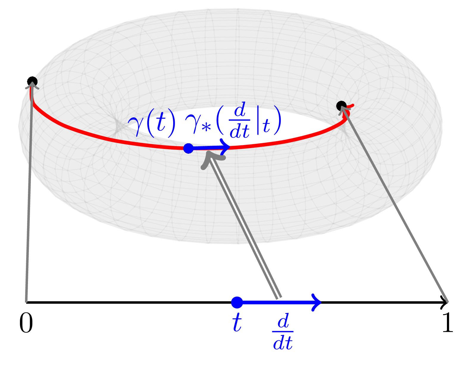 A line segment is embedding in a manifold. A tangent vector of the line is pushforwarded to a tangent vector of a manifold.