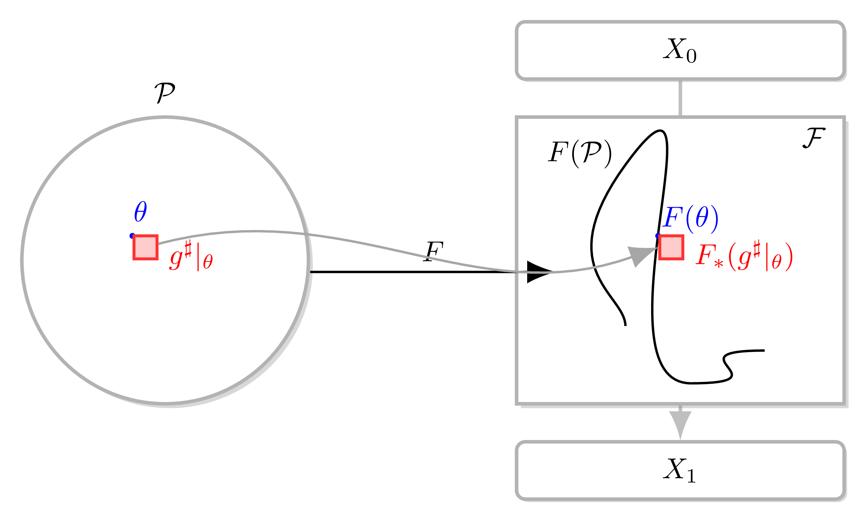 Diagram showing a model F pushing the 2-tensor g^sharp to the NTK over function space F